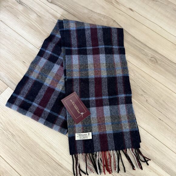 NWT John Hanly 100% Lambswool  Scarf Ireland Fringe Blue Plaid Ireland - Picture 3 of 6